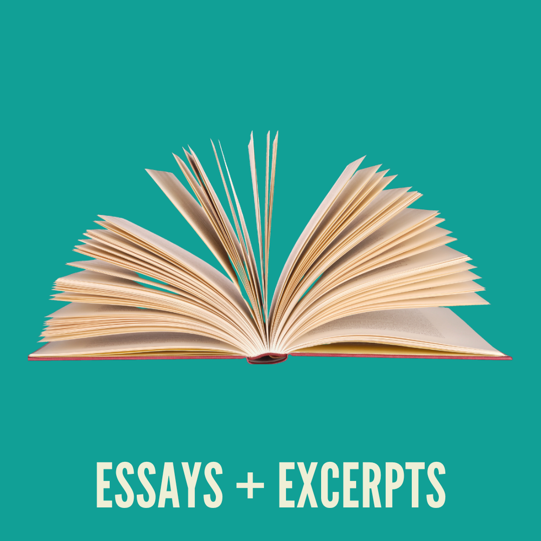 image of an open book with text saying essays and excerpts